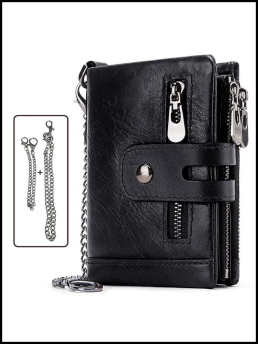 Genuine Leather Men's Chain Wallet RFID Blocking Trifold Biker Goth